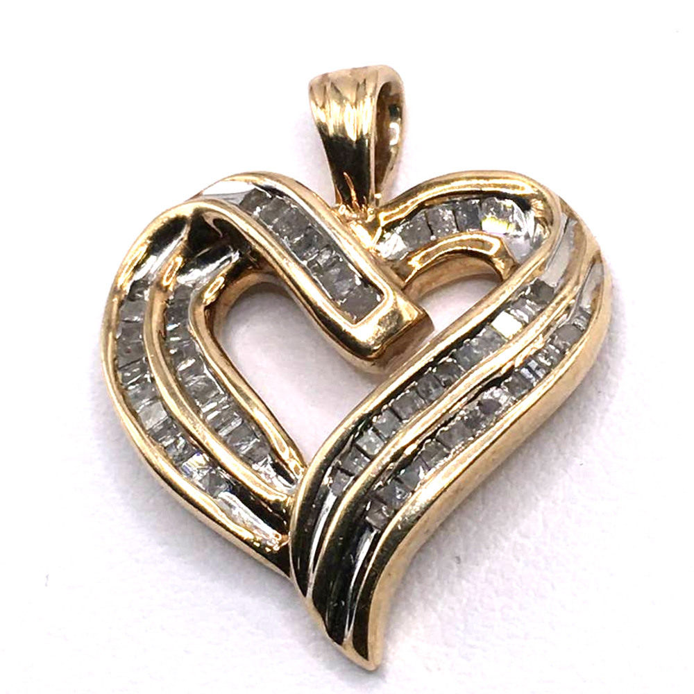 10K Yellow Gold Heart Pendant with Diamond Bagguettes .50CT  1"